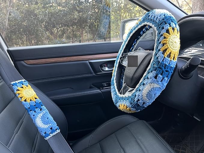 Handmade Crochet Sun and Moon Car Steering Wheel Covers Universal 14-15 inch for Women and Men (Steering Wheel Cover+2 Belt Cover)