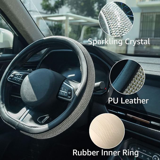 ChuLian D Sharp Diamond Leather Steering Wheel Cover with Bling Bling Crystal Rhinestones, Universal Fit 15 Inch Car Wheel Pr