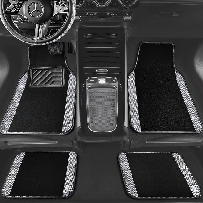 CAR PASS Bling Diamond Leather Steering Wheel Cover 14.5in-15in Floor Mats Shining Rhinestone Carpet Sparkly Glitter Crystal Anti-Slip Pad Fit Automotive SUV Pickup Truck Girl Women, 5pcs Black Sliver