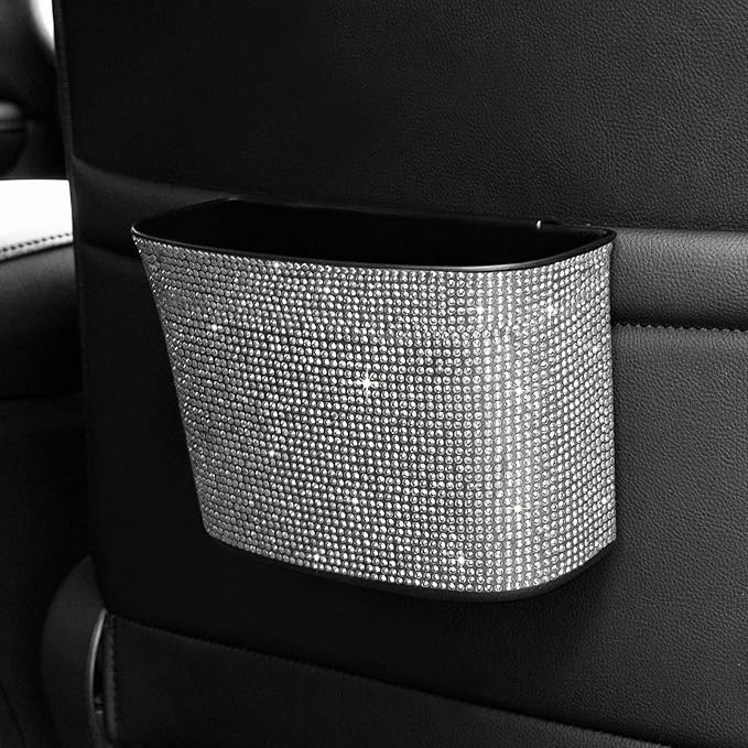 eing Car Trash Can Bling Crystal Auto Storage Pockets,100% Leak Proof Car Trash Container Bin Car Garbage Bag Hanging for Backside/Gearshift/Center Console,(1 - Pack, Pure White)
