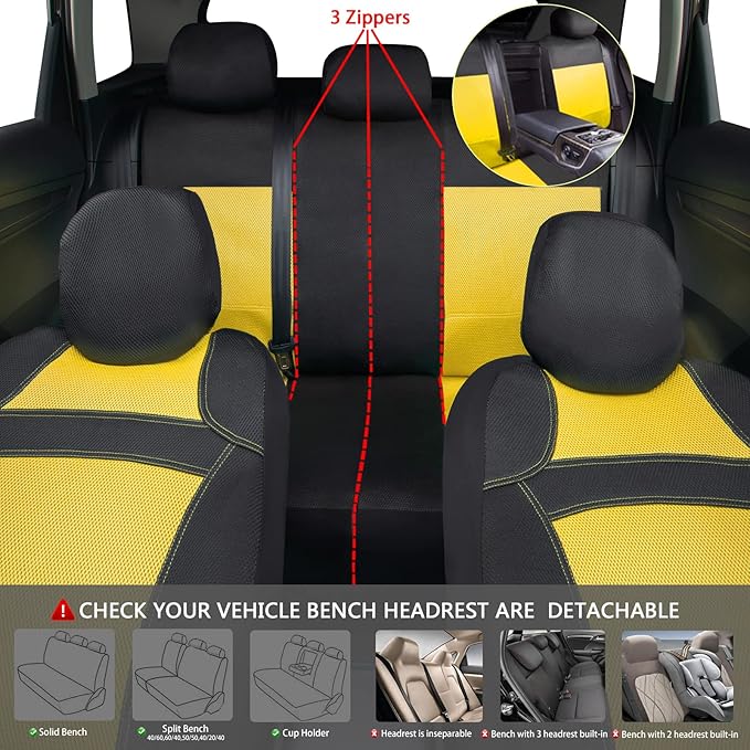 CAR PASS Universal 13PCS 3D Air Mesh-100% Breathable Seat Covers Full Sets Steering Wheel&Belt Cover Airbag and Rear Split Bench Compatible for 90% Automotive SUV Truck Cute Women Black Yellow