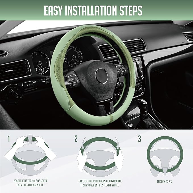 PIC AUTO Steering Wheel Cover, Green Patterned Leather Patchwork Design, Universal Fit 14.5"–15.5", Anti-Slip, Odor-Free, Sof