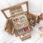 Emfogo Jewelry Box for Women, Rustic Wooden Jewelry Boxes & Organizers with Mirror, 4 Layer Jewelry Organizer Box Display for
