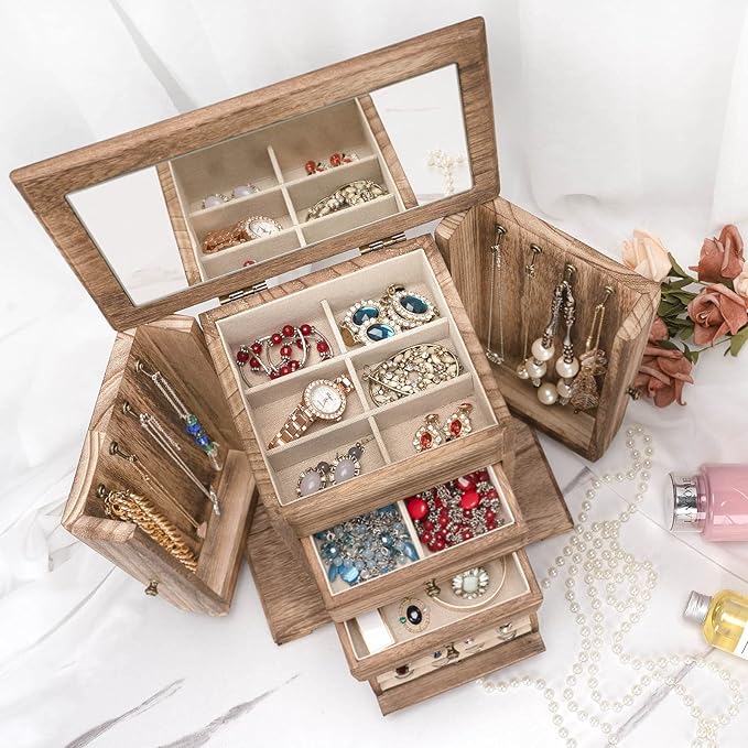 Emfogo Jewelry Box for Women, Rustic Wooden Jewelry Boxes & Organizers with Mirror, 4 Layer Jewelry Organizer Box Display for