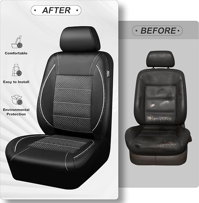 CAR PASS Piping PU Leather Car Seat Cover Full Set, Inside Zipper Design and Reserved Opening Holes, Airbag Compatible,Universal FIT for Car, SUVs,Van,Trucks（Full Set, Black & Silver