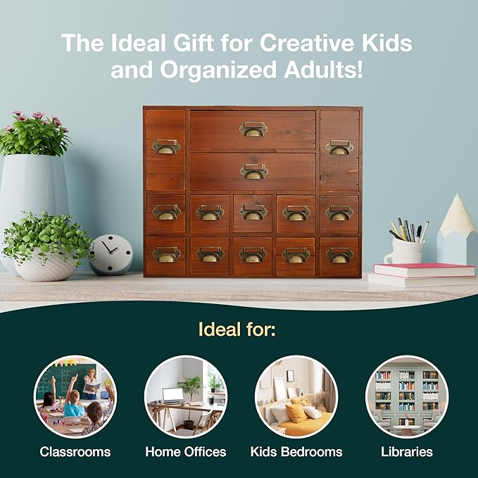 14-Drawer Apothecary Cabinet - Index Card Organizer - Miniature Chest of Drawers - Brass Handle Organizer - Kids' Arts and Cr