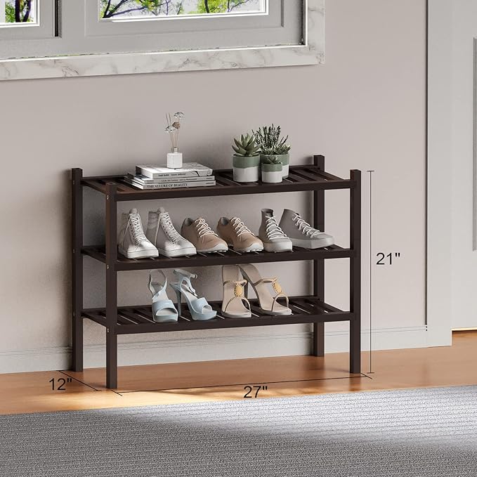 ROMGUAR CRAFT 3 Tier (Thick) Bamboo Shoe Rack for Closet Free Standing Wood Shoe Shelf for Entryway Small Space Stackable 27"