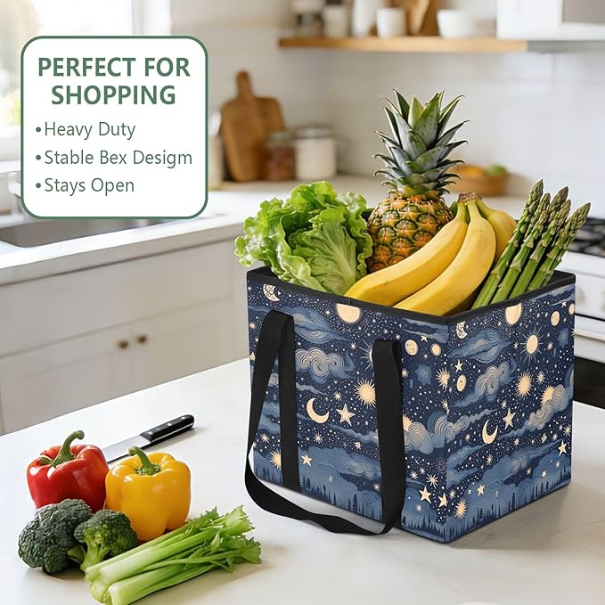 Stars and Moon Reusable Grocery Bags Large Shopping Tote Bag with Reinforced Bottom Board, Water Resistant Foldable Storage B
