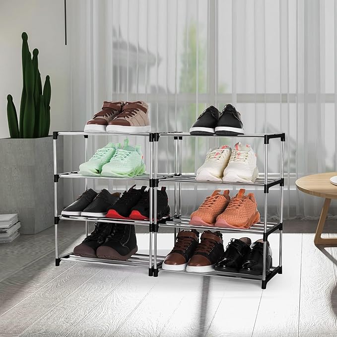 4-Tier Stackable Small Shoe Rack, Lightweight Shoe Shelf Storage Organizer for Entryway, Hallway and Closet(Black)