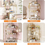 3-Tier Corner Bathroom Counter Organizer，Makeup & Skincare Shelf with Built-in Brush Holder，Space-Saving Bathroom Countertop 