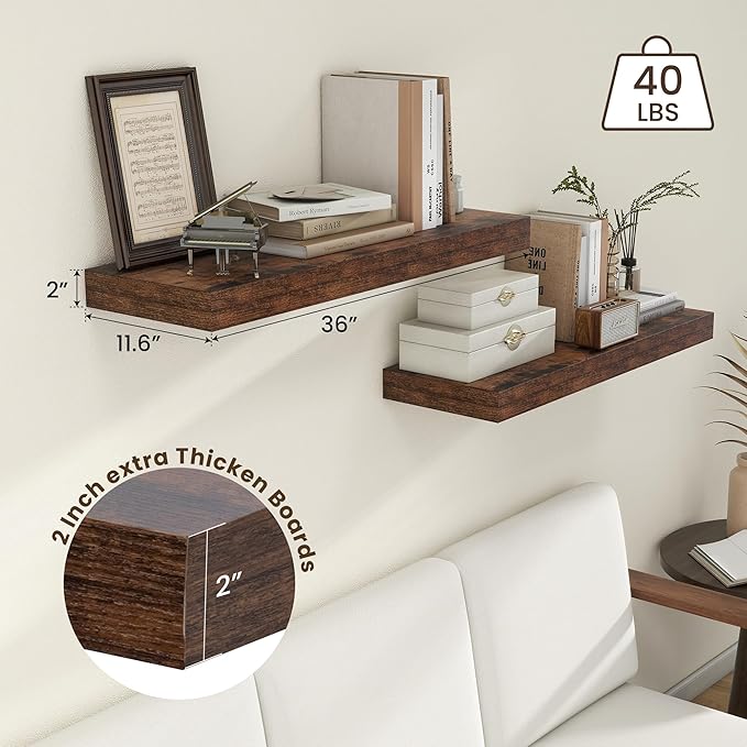 Deep Floating Shelves | 36 Inch Brown Floating Shelves Set of 2 | 12 Inch Deep Rustic Wood Shelves for Wall | 36" W x 12" D B