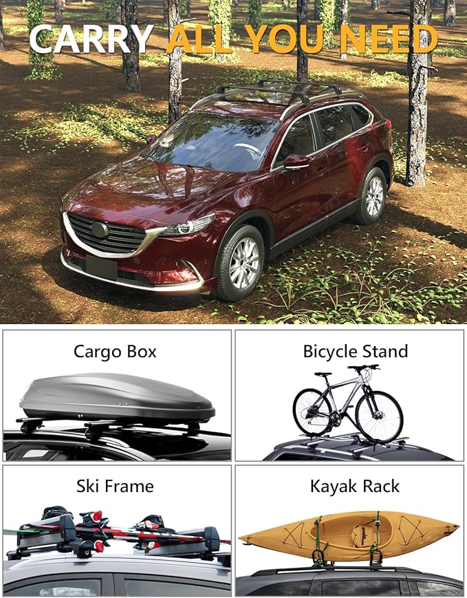 Tuyoung 220lbs Lockable Roof Rack Cross Bars Compatible with Mazda CX9 CX-9 2016 2017 2018 2019 2020 2021 2022 2023, Heavy Duty Anti-Theft Aluminum Roof Rails Crossbars Cargo Carrier Bag Black Bike