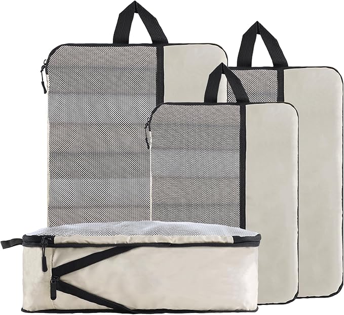 U+U 4 Set Compression Packing Cubes - Ultralight Cream Travel Organizers, Space-Saving Suitcase Organizer, Expandable Packing