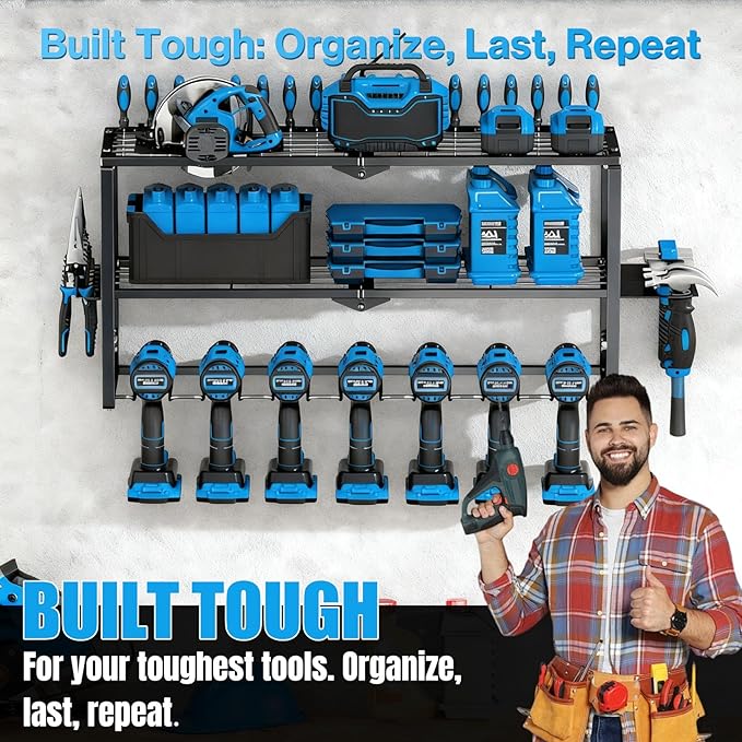 Heavy Duty Power Tool Organizer Wall Mount - 3 Tier Metal Tool Rack with 7 Drill Holders, 300LB Capacity for Garage, Workshop