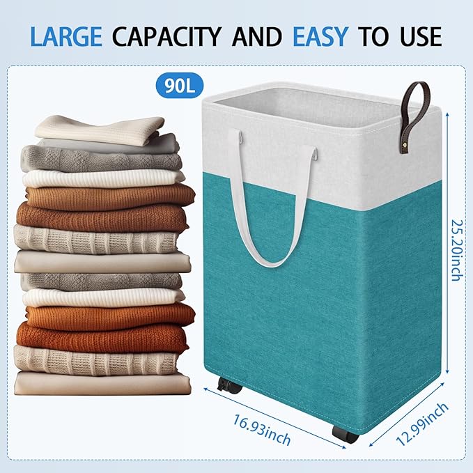 HomeHacks 90L Large Rolling Laundry Basket, Laundry Hamper with 4 Smooth Wheels, Collapsible Waterproof Clothes Basket, Frees