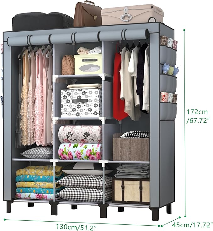 Portable Wardrobe with 10 Storage Racks and 2 Hanging Poles, 6 Side Pockets Non-Woven Cover, Size 130 x 45 x 172 cm, Bedroom 