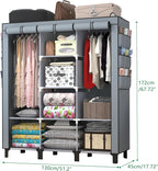 Portable Wardrobe with 10 Storage Racks and 2 Hanging Poles, 6 Side Pockets Non-Woven Cover, Size 130 x 45 x 172 cm, Bedroom 