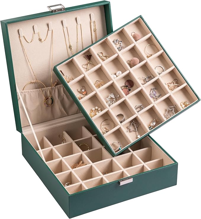 Frebeauty Earring Organizer Classic Jewelry Box 50 Slots Double Layer Jewelry Storage Case with 6 Necklace Hook and Bracelet 