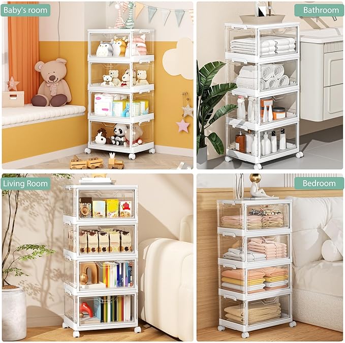 Kmiectse Clear Storage Bins with Lids - 4 Tier Plastic Bins with Wheels, Stackable Storage Bin, Closet Organizers Box for Bed