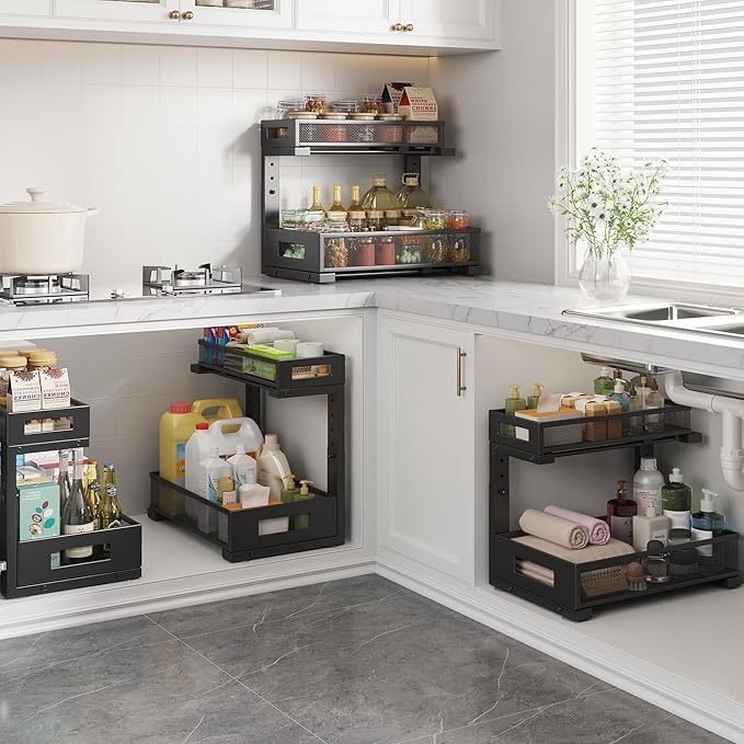 2-Pack Under Sink Storage Organizer, Large 2-Tier Elegant Mesh Pull Out Shelf for Kitchen and Bathroom Cabinet Organization, 