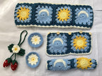 Handmade Crochet Sun and Moon Car Steering Wheel Covers Universal 14-15 inch for Women and Men (Wheel Covers+2belt Covers+2Car Coasters+Strawberry)