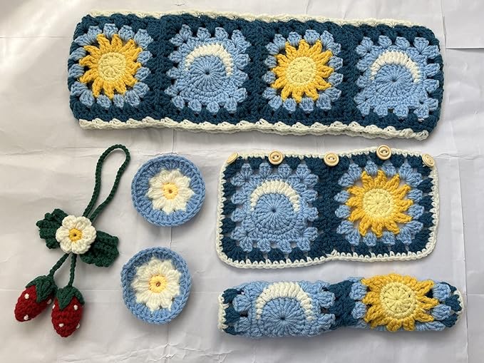 Handmade Crochet Sun and Moon Car Steering Wheel Covers Universal 14-15 inch for Women and Men (Wheel Covers+2belt Covers+2Car Coasters+Strawberry)
