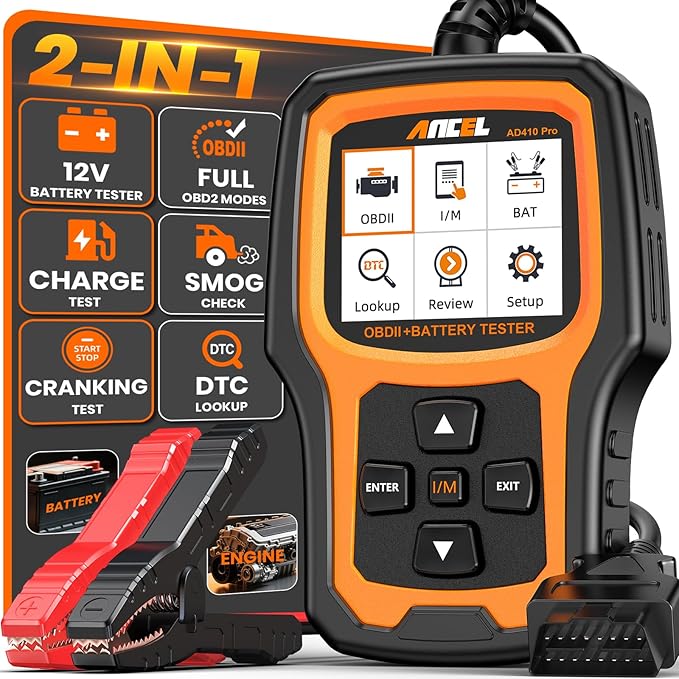 ANCEL AD410 PRO OBD2 Scanner and Battery Tester, 2-in-1 Car Diagnostic Tool, Check Engine Light, EVAP Test, Live Data, 12V