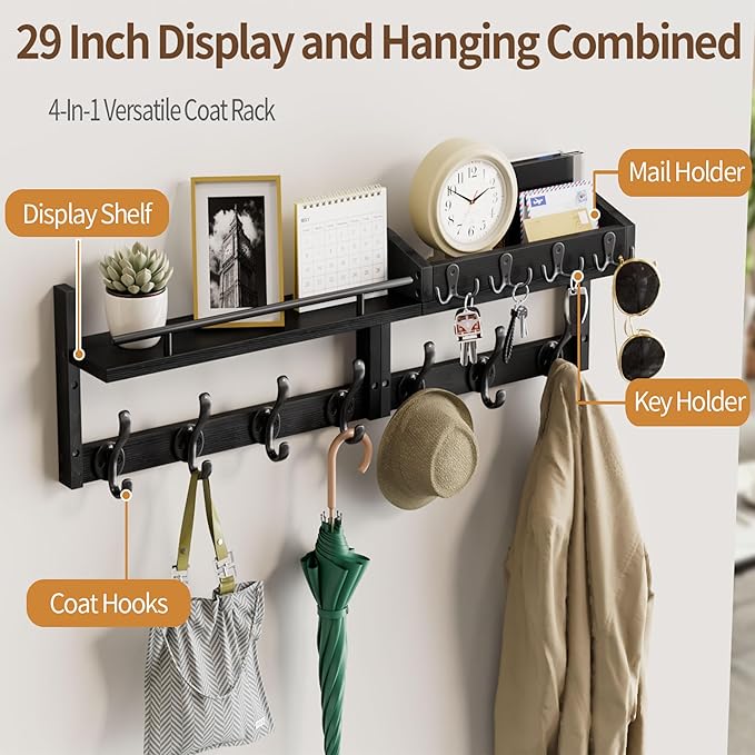 29 inch Coat Rack Wall Mount with Shelf, Set of 2 Heavy Duty Coat Hooks Wall Mount, Entryway Coat Hanger Wall Shelf with Key 