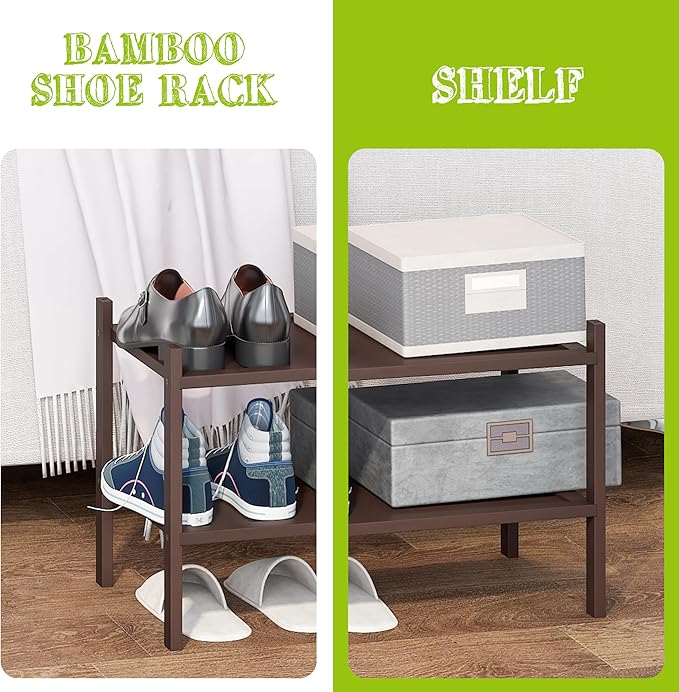 BMOSU 2-Tier Bamboo Small Shoe Rack Premium Stackable Shoe Shelf Storage Organizer for Hallway Closet Living Room Entryway Or