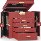 TORIBIO Jewelry Box for Women, Leather Jewelry Organizer with Mirror & Lock, 5-Tier Jewelry Storage Organizer with 4 Drawers 