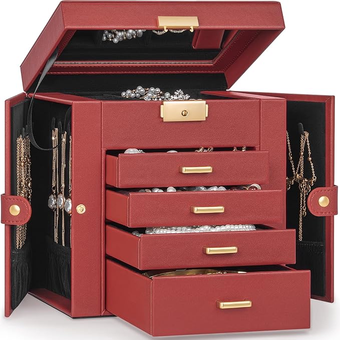 TORIBIO Jewelry Box for Women, Leather Jewelry Organizer with Mirror & Lock, 5-Tier Jewelry Storage Organizer with 4 Drawers 