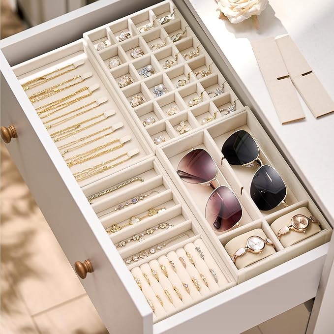 Velvet Jewelry Drawer Organizer Trays – 4-Layer Stackable Jewelry Storage Inserts Set, Beige Jewelry Tray Set for Earrings, R