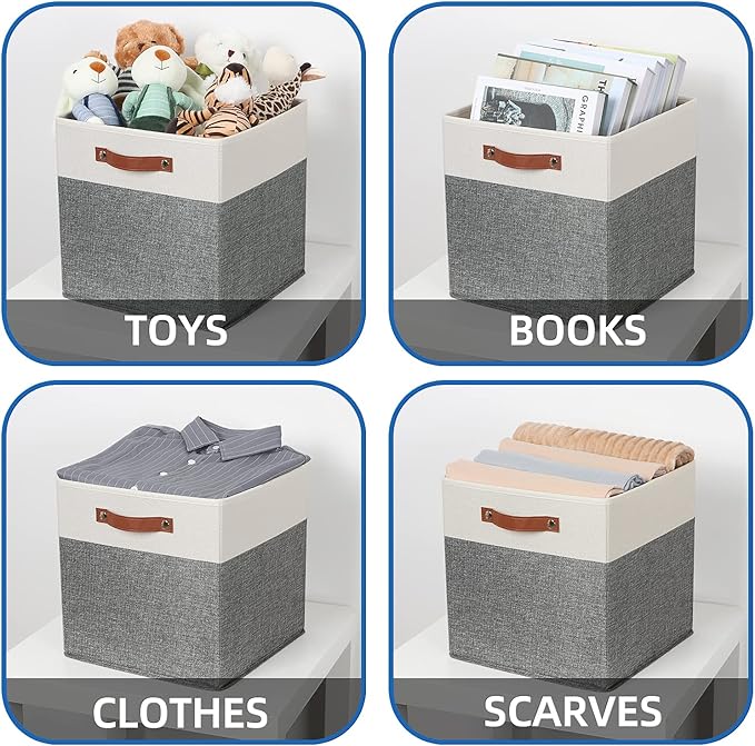 Temary 13x13 Storage Cubes 4 Pack Fabric Cube Storage Bins Large Storage Baskets with Leather Handles, Decorative Storage Box