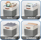 Temary 13x13 Storage Cubes 4 Pack Fabric Cube Storage Bins Large Storage Baskets with Leather Handles, Decorative Storage Box