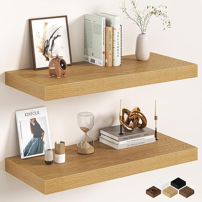 32Inch Oak Floating Shelves for Wall, 12 Inch Deep Shelves for Bedroom, Kitchen, Bathroom Wall Mounted, Rustic Wood Floating 