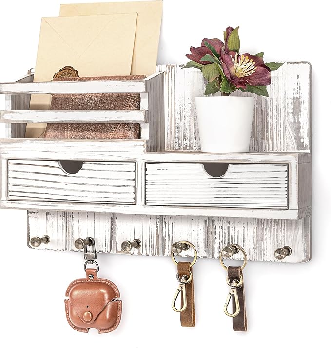 Rebee Vision Farmhouse Key Holder Wall Mount for Home Decor – Key and Mail Holder for Wall with 2 Drawer Organizer, 6 Key Hoo