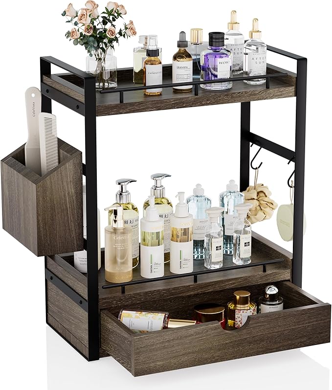 2-Tier Wood Bathroom Counter Organizer, Countertop Organizer with Drawer and Storage Basket, Bathroom Sink Organizer for Vani