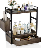 2-Tier Wood Bathroom Counter Organizer, Countertop Organizer with Drawer and Storage Basket, Bathroom Sink Organizer for Vani