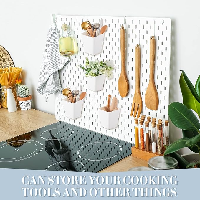 Tessco 12 Sets Pegboard Cups with Hooks Loops Large Bins White Pegboard Wall Organizer Peg Board Containers Square Box Shape 