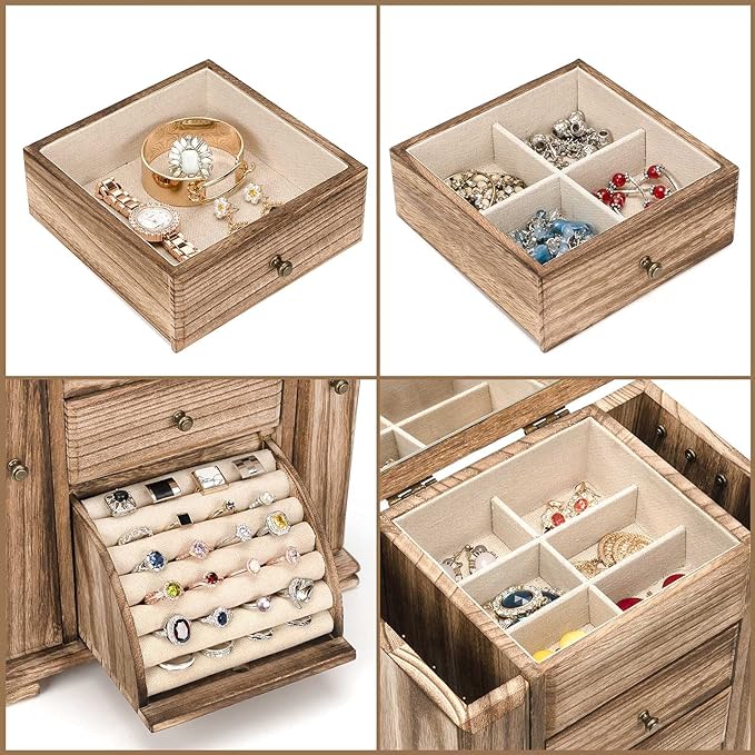 Emfogo Jewelry Box for Women, Rustic Wooden Jewelry Boxes & Organizers with Mirror, 4 Layer Jewelry Organizer Box Display for
