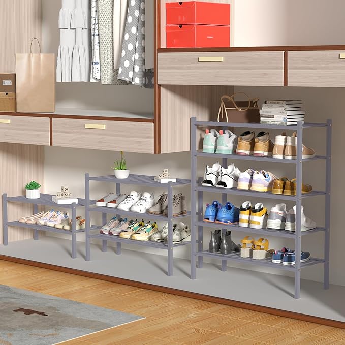 ROMGUAR CRAFT 5 Tier Bamboo Shoe Rack for Closet Free Standing Wood Shoe Shelf for Entryway Small Space Stackable 27"x11"x33"