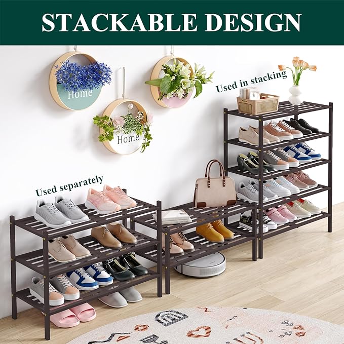 Smiry Bamboo Shoe Rack 2-Tier, Stackable Wooden Shoe Organizer for Entryway & Closet, Free Standing Wood Shoe Storage Shelf f