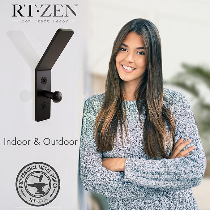 RTZEN Wall Mount Hook Set - Wrought Iron Decorative Rustic Metal Coat Hooks for Hanging - Handcrafted Classic Farmhouse Wall 