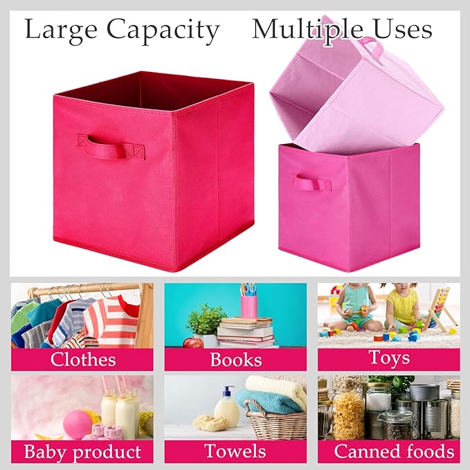 Karenhi 11" x 10. 5" x 10. 5" Pink Storage Cube, 6 Pack Fabric Cube Storage Bins Organizer Box, Collapsible Baskets with Hand