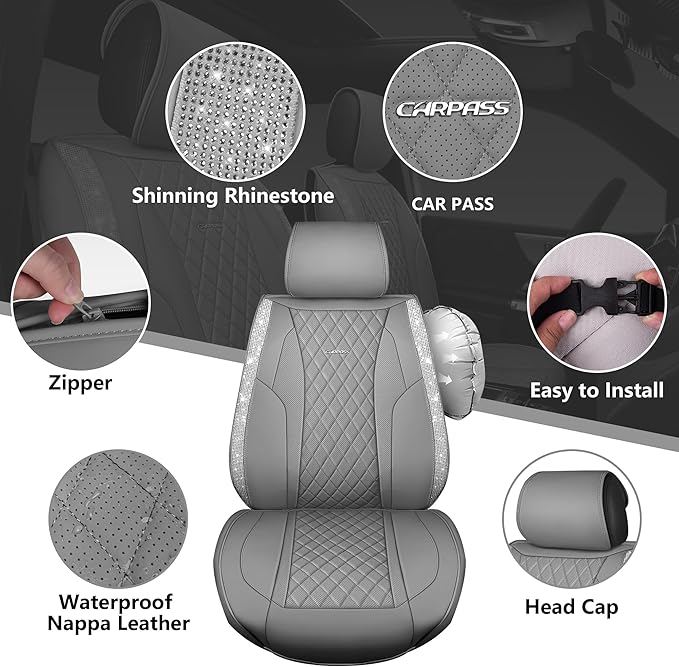 CAR PASS Gray Leather Bling Car Seat Covers Full Set, Luxury Microfiber Nappa PU Cushioned, Waterproof Anti-Slip Universal Fi