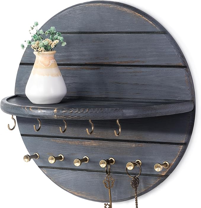 Rebee Vision Pine Wood Rustic Key Holder Wall Mount for Farmhouse Decor – Key and Mail Holder for Wall with Shelf and 11 Hook