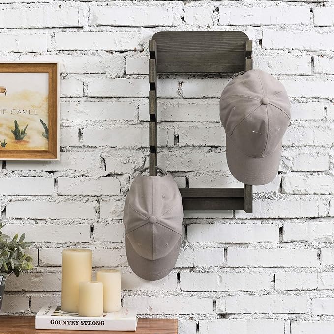 MyGift Hat Organizer for Baseball Caps, Wooden Vertical Hat Rack Wall Mounted with 10 Hooks, Rustic Gray Solid Wood Hanging H