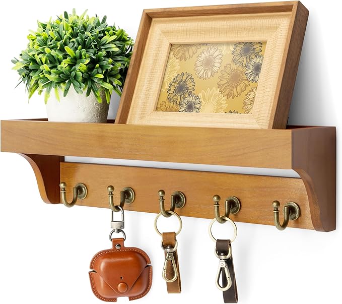 Rebee Vision Decorative Key Holder for Wall with Shelf: Farmhouse Mail Rack with 5 Sturdy Key Hooks for Home Decor, Apartment