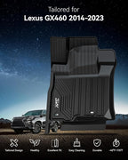 3W Floor Mats for Lexus GX460 2014-2023 (only for 7 seat), TPE All Weather Custom Fit Floor Liner 1st, 2nd&3rd Rows Car Mats, Black