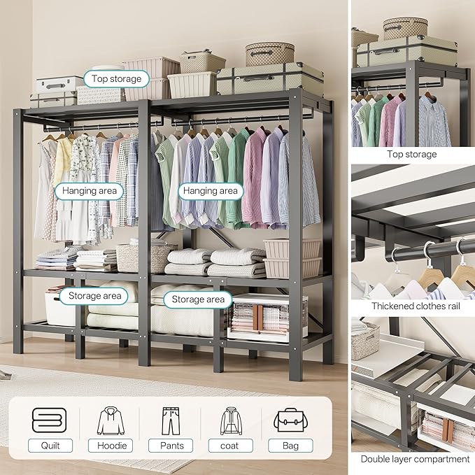 Heavy Duty Clothing Rack with Oxford Fabric Cover, Portable Closet Wardrobe with Hanging Rods, Freestanding Wardrobe, Metal C